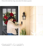 Woman using smart doorbell at decorated entrance.
