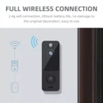 Wireless doorbell with camera and connectivity icons.