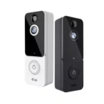 Two smart video doorbells, black and white.