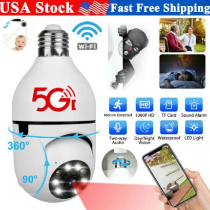 Smart security camera bulb with WiFi features.