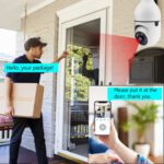 Delivery person using smart doorbell camera interaction.