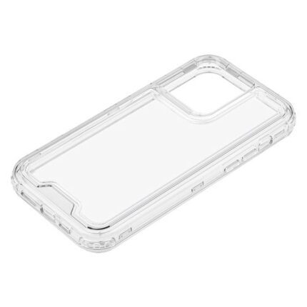 Clear transparent phone case on white background.