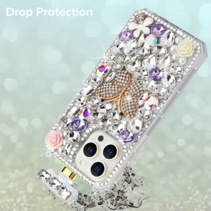 Decorative jeweled phone case with butterfly design.