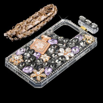 Bejeweled phone case with chain strap.