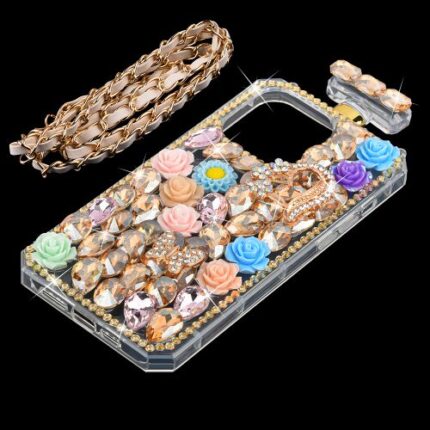 Jeweled phone case with floral decorations.