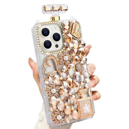 Luxurious jeweled phone case with golden accents.