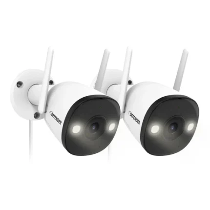 Two white security cameras with antennas.