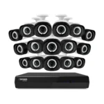 Surveillance cameras arranged above a DVR system.
