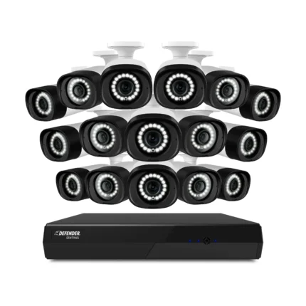 Surveillance cameras arranged above a DVR system.