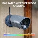 Weatherproof security camera mounted in rain.