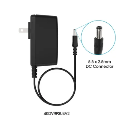 Black power adapter with DC connector.