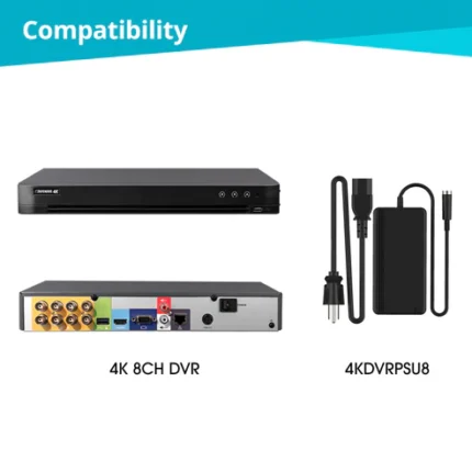 4K DVR with power supply compatibility.