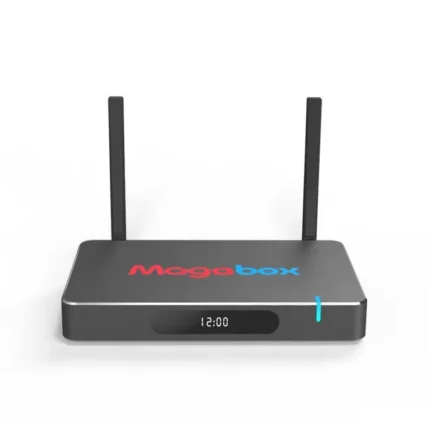 Black router with two antennas, digital display.