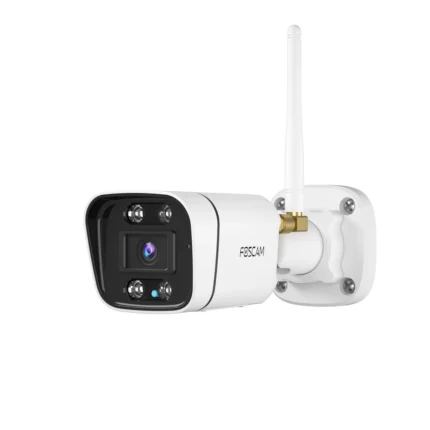 White security camera with antenna and lens.