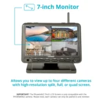 7-inch monitor displaying four security camera feeds.