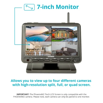 7-inch monitor displaying four security camera feeds.