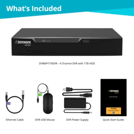DVR system with accessories and quick start guide.