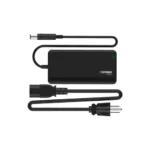 Black power adapter with connected cords.