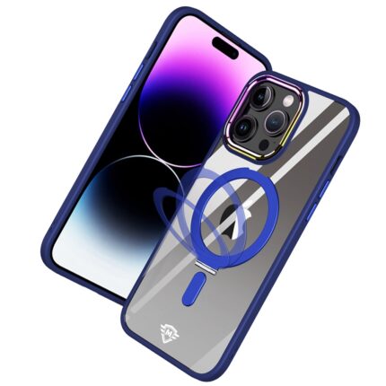 Smartphone with blue case, screen and back.