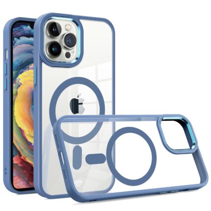 Clear phone case with blue accents shown.