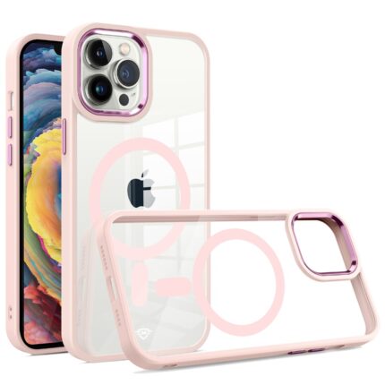 Transparent smartphone case with pink accents displayed.