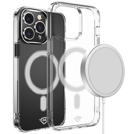 Clear phone case with MagSafe and charger.