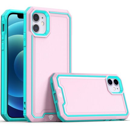 Pink and teal phone cases on display.
