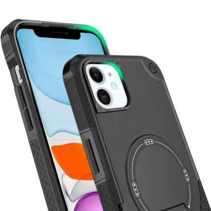 Smartphone with rugged black protective case.
