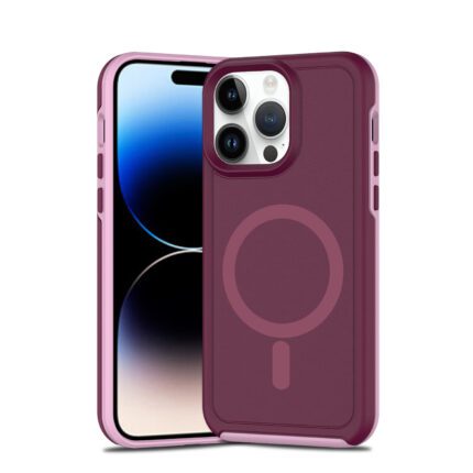 Smartphone with purple protective case, dual cameras.