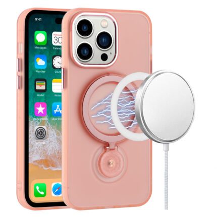 Pink phone case with wireless charging feature.
