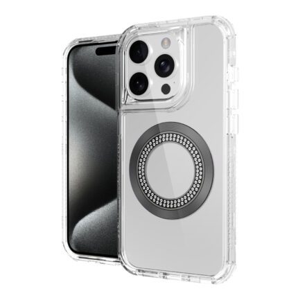 Clear phone case with circular design.