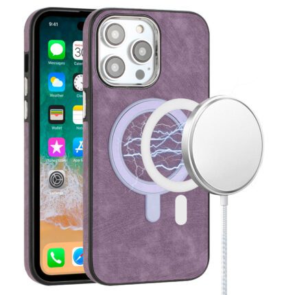 Purple phone case with MagSafe charger attached.