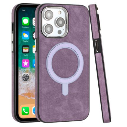 Purple MagSafe iPhone case with phone display.