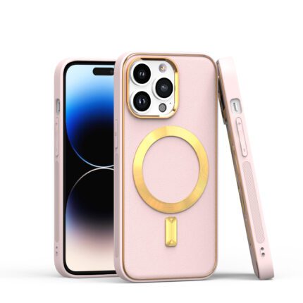 Pink smartphone case with gold ring design.
