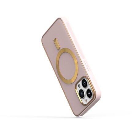 Pink smartphone case with gold ring design.
