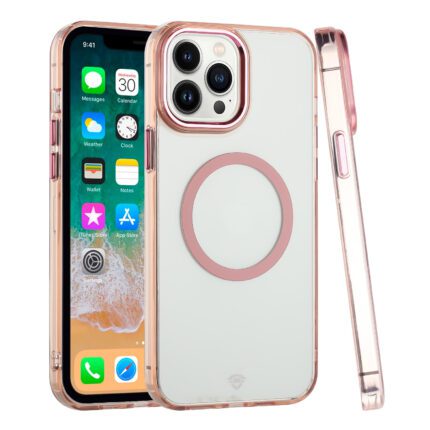 iPhone with clear, rose gold case.
