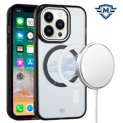 Phone with magnetic case and charger.
