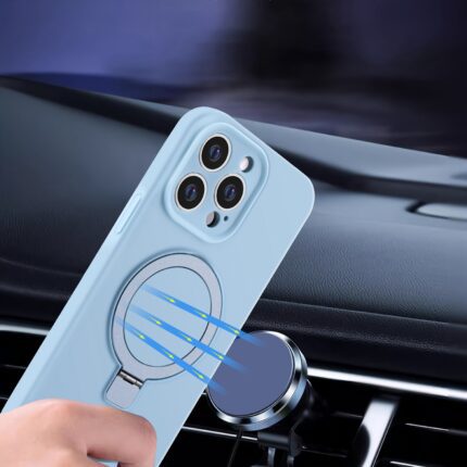 Phone with magnetic car mount attachment.