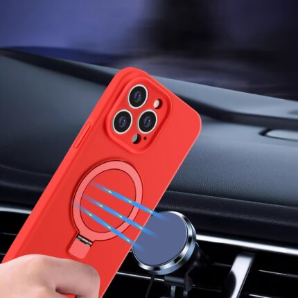 Red phone case on car mount.