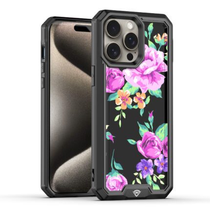 Smartphone with floral-patterned protective case.
