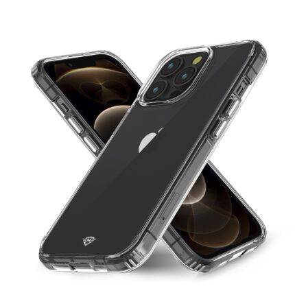 Smartphones with clear protective cases displayed diagonally.