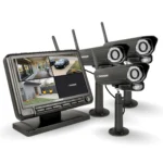 Security cameras and monitor displaying footage.