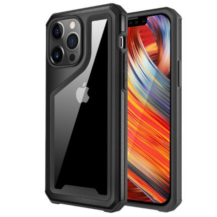 Smartphone with rugged black protective case.