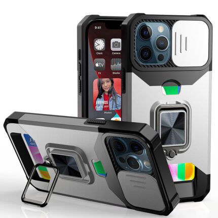 Rugged silver smartphone case with kickstand feature.