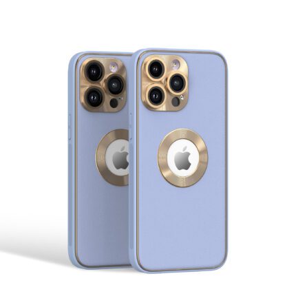 Two smartphones with blue and gold cases.