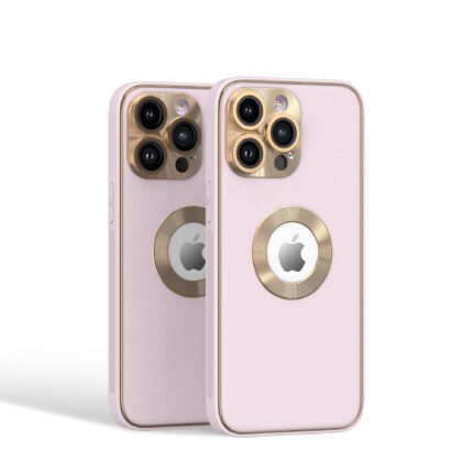 Two gold smartphones with pink cases.
