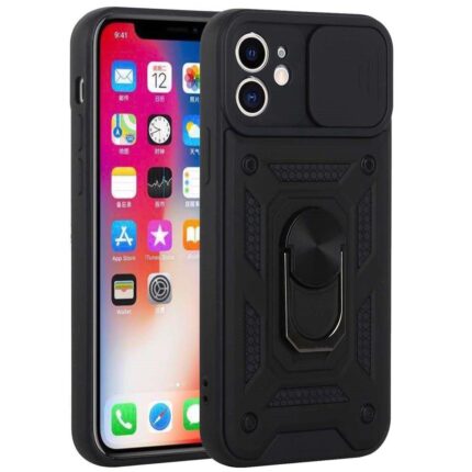 Black rugged smartphone case with ring holder.