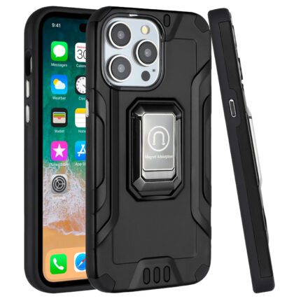 Rugged black phone case with ring holder.