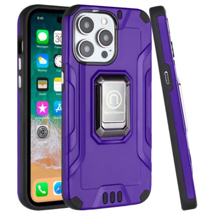 Purple rugged phone case with metallic accents.