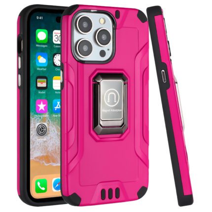 Rugged pink smartphone case with metal ring.